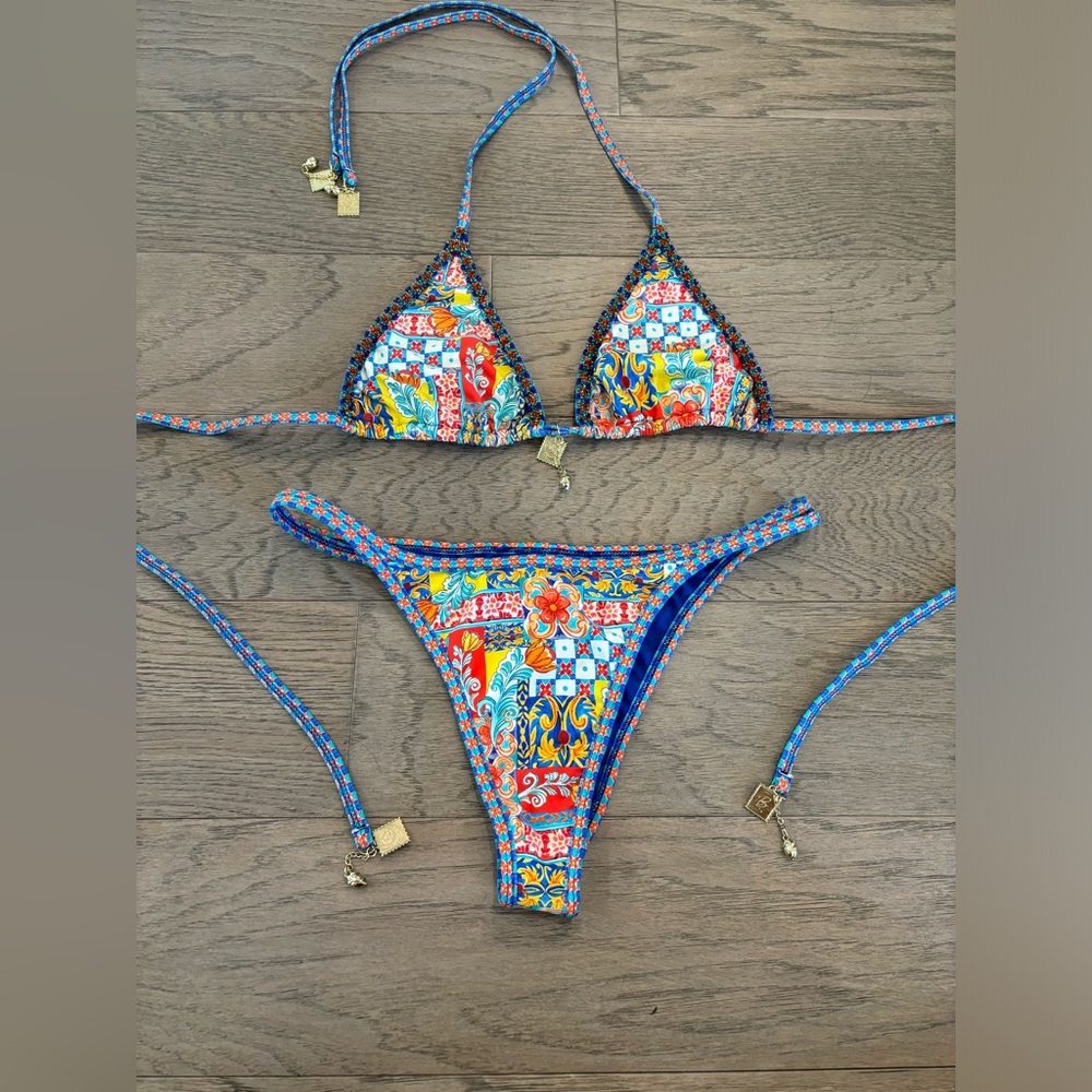 Colorful Tile-Print Triangle Bikini - Blue Multi